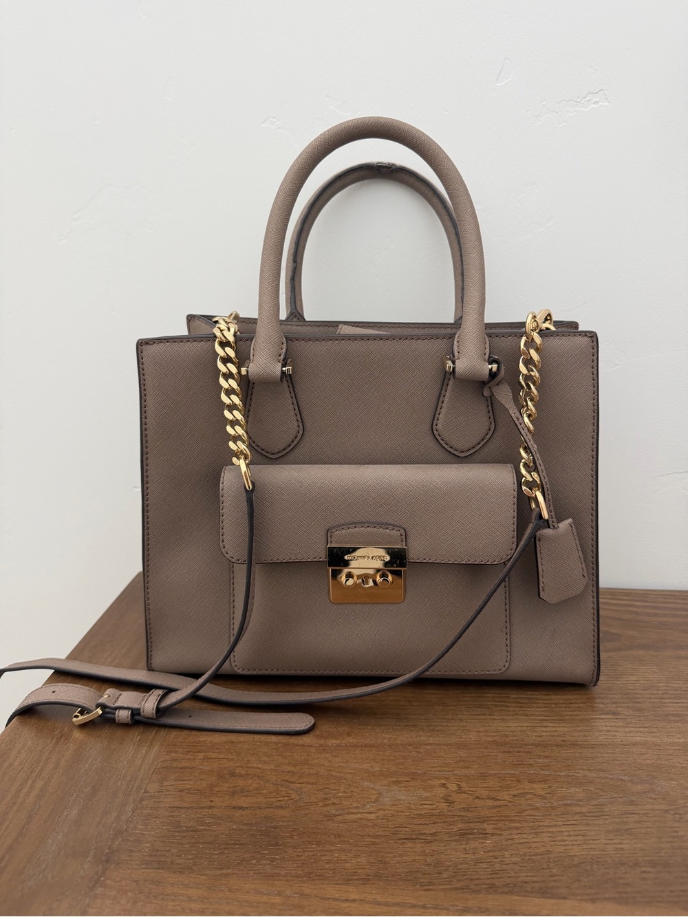 Michael Kors Taupe Leather Top-Handle Satchel with Gold Chain Hardware